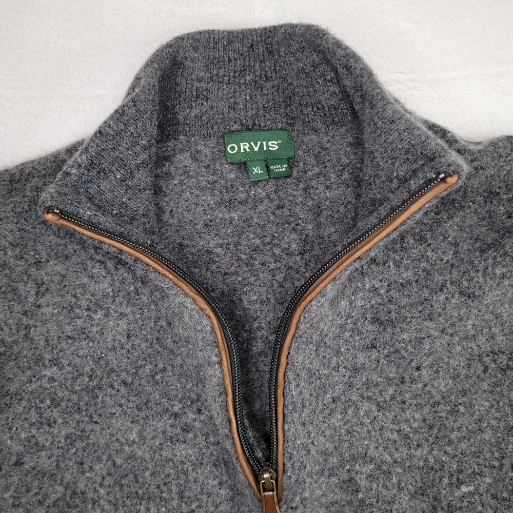 Orvis Mens XL Gray 100% Wool Quarter Zip Sweater Suede Trim RN 70534
